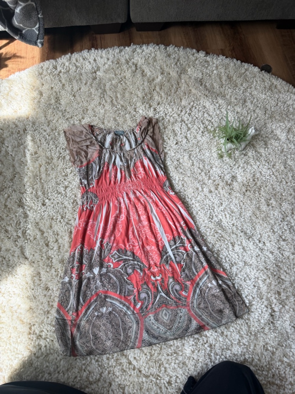 Paisley Coral and Taupe Smocked spring summer flowy Midi Dress - Picture 1 of 5